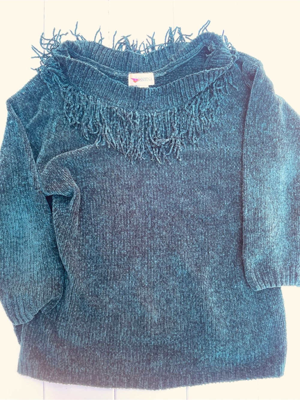 Vintage Cristina Fleece Fringe Pullover Sweater, Size L